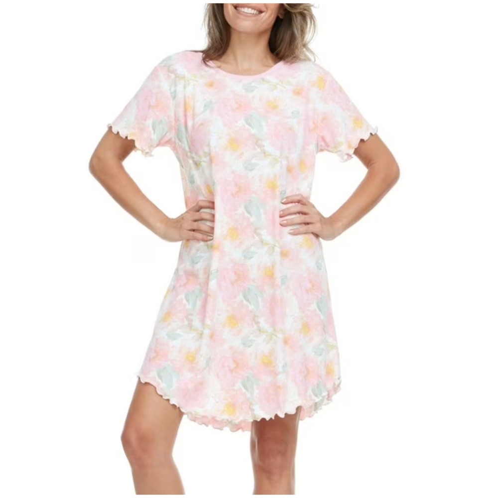 Flora Nikrooz Pink Floral Ribbed Lettuce Trim Sleep Dress‎ Nightgown Medium